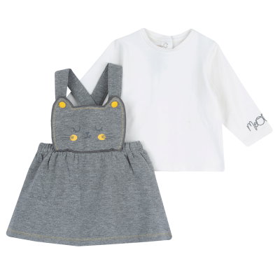 SET 2: T-SHIRT LONG SLEEVE + DUNGAREES SKIRT - MEDIUM GREY