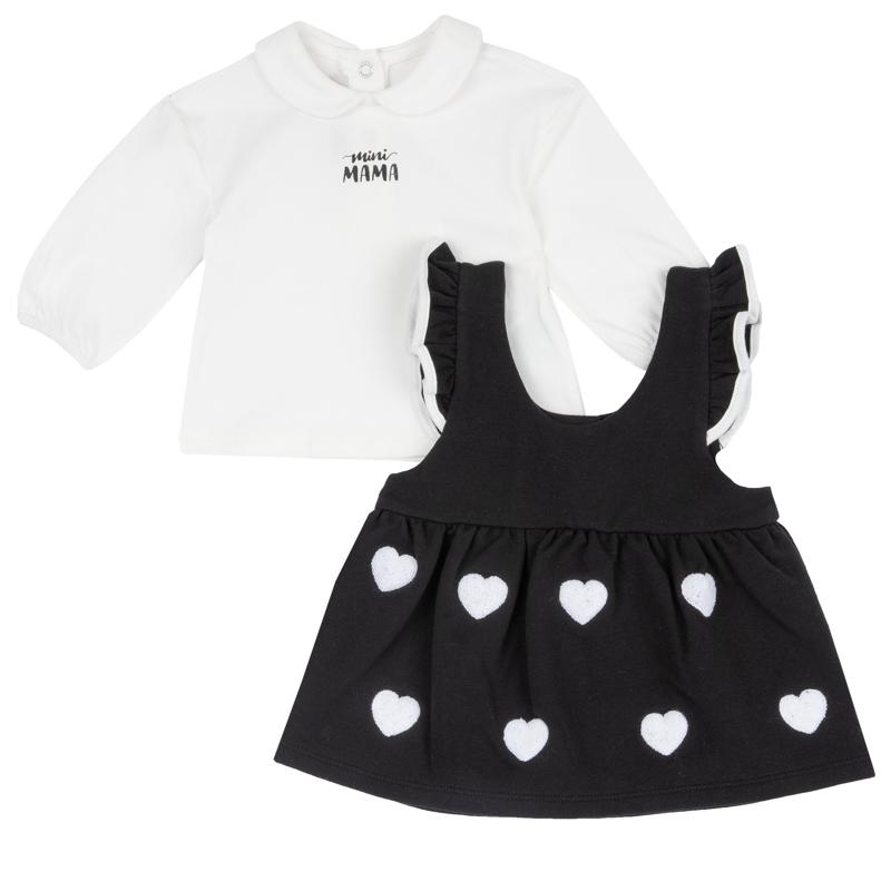 SET 2: T-SHIRT LONG SLEEVE + PINAFORE DRESS - WHITE/BLACK