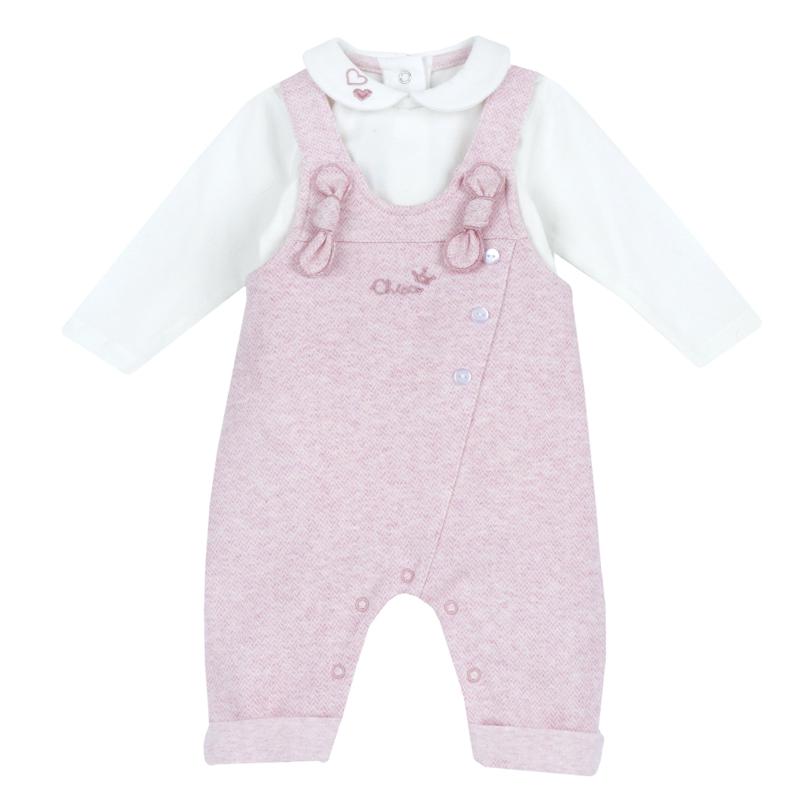 SET 2: BODYSUIT LONG SLLEVE + LONG DUNGAREES - MEDIUM PINK