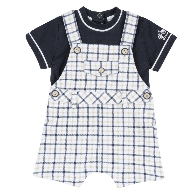 SET 2: T-SHIRT SHORT SLEEVE + SHORT DUNGAREES - WHITE/BLUE